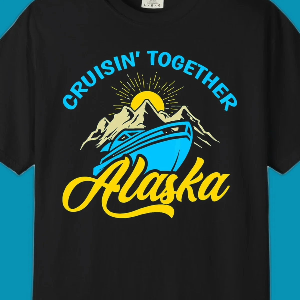 Cruisin together Alaska design with cruise ship sailing toward snow mountains under rising sun with radiating rays