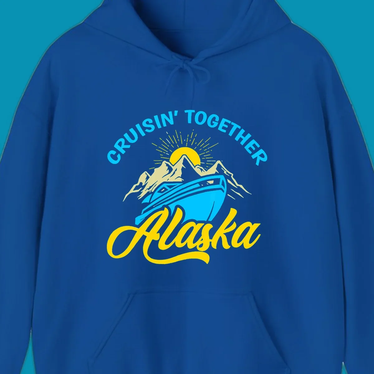 Cruisin together Alaska design with cruise ship sailing toward snow mountains under rising sun with radiating rays