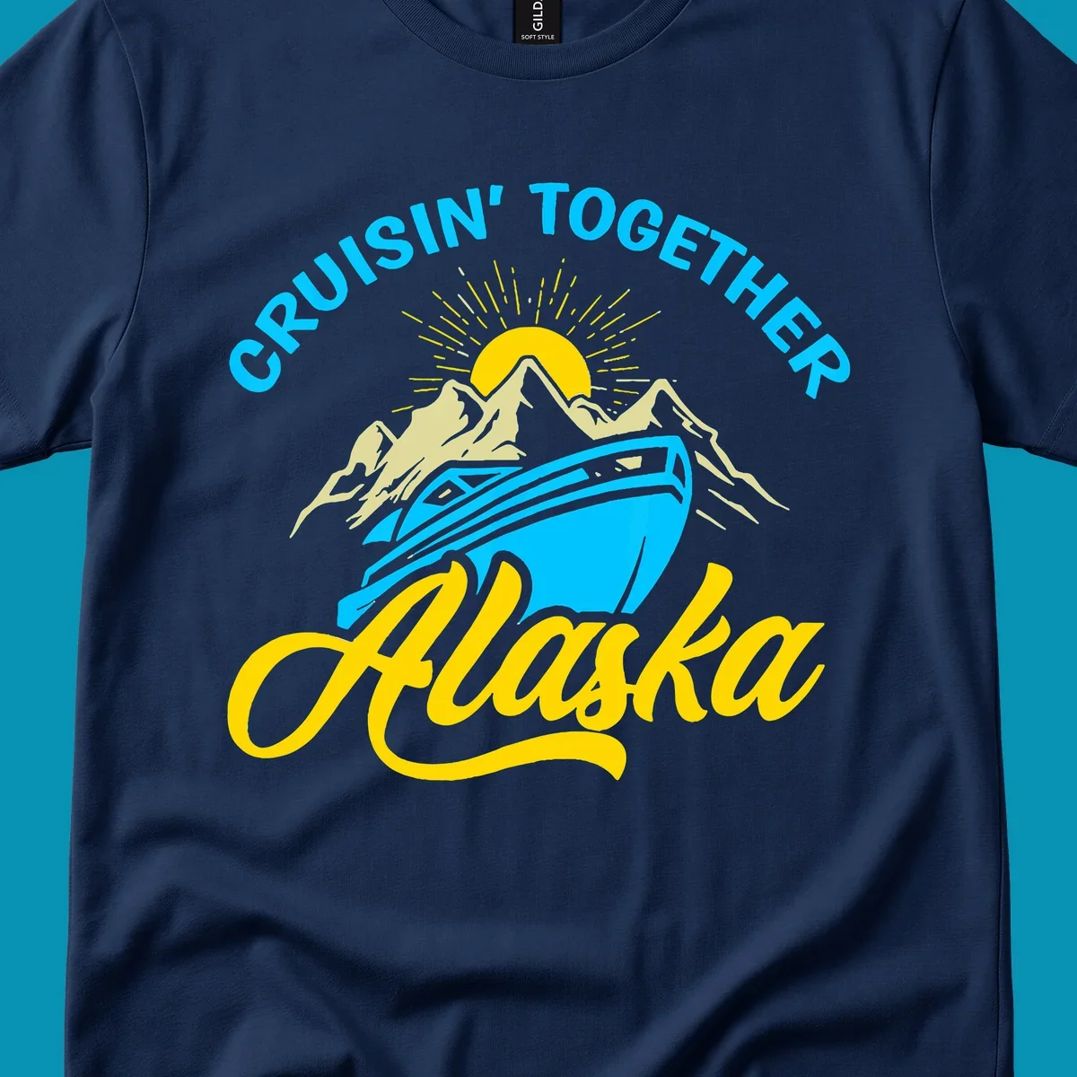 Cruisin together Alaska design with cruise ship sailing toward snow mountains under rising sun with radiating rays