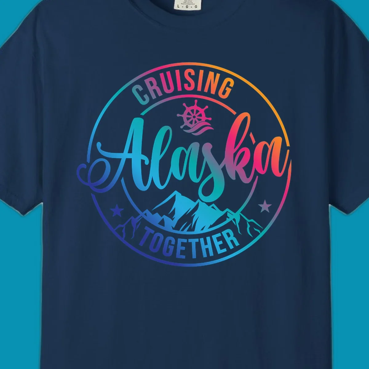 Circular cruise badge with 'Cruising Always Together' script, ship wheel, mountains, and colorful gradient border in blues, purples, and oranges