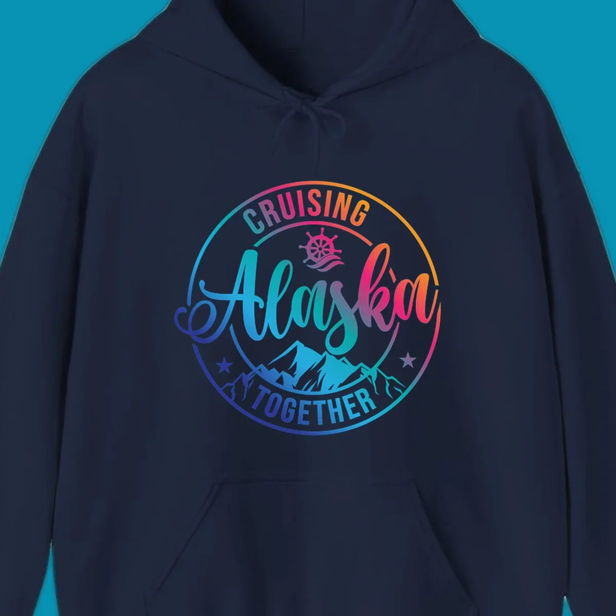 Circular cruise badge with 'Cruising Always Together' script, ship wheel, mountains, and colorful gradient border in blues, purples, and oranges