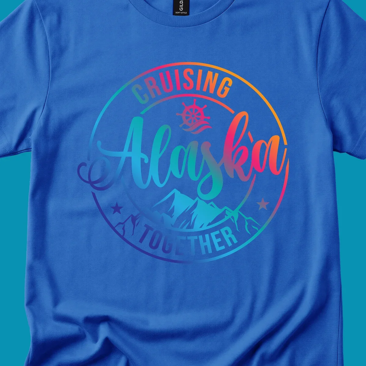 Circular cruise badge with 'Cruising Always Together' script, ship wheel, mountains, and colorful gradient border in blues, purples, and oranges