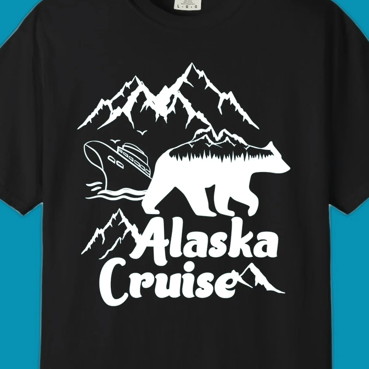 White silhouette of polar bear filled with Alaskan mountains, forest, cabin, and ship against gray background with snowy peaks and 'Alaska Cruise' text
