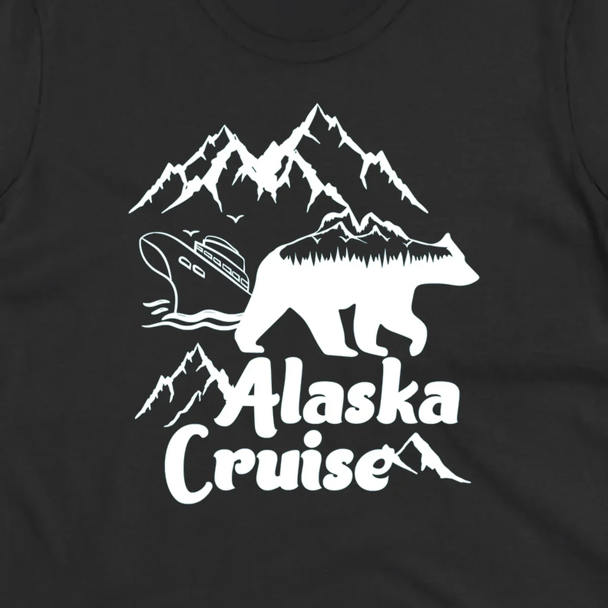 White silhouette of polar bear filled with Alaskan mountains, forest, cabin, and ship against gray background with snowy peaks and 'Alaska Cruise' text