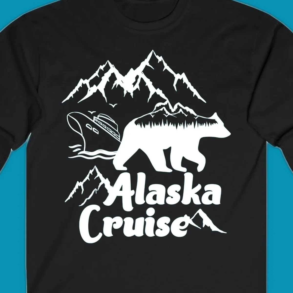 White silhouette of polar bear filled with Alaskan mountains, forest, cabin, and ship against gray background with snowy peaks and 'Alaska Cruise' text