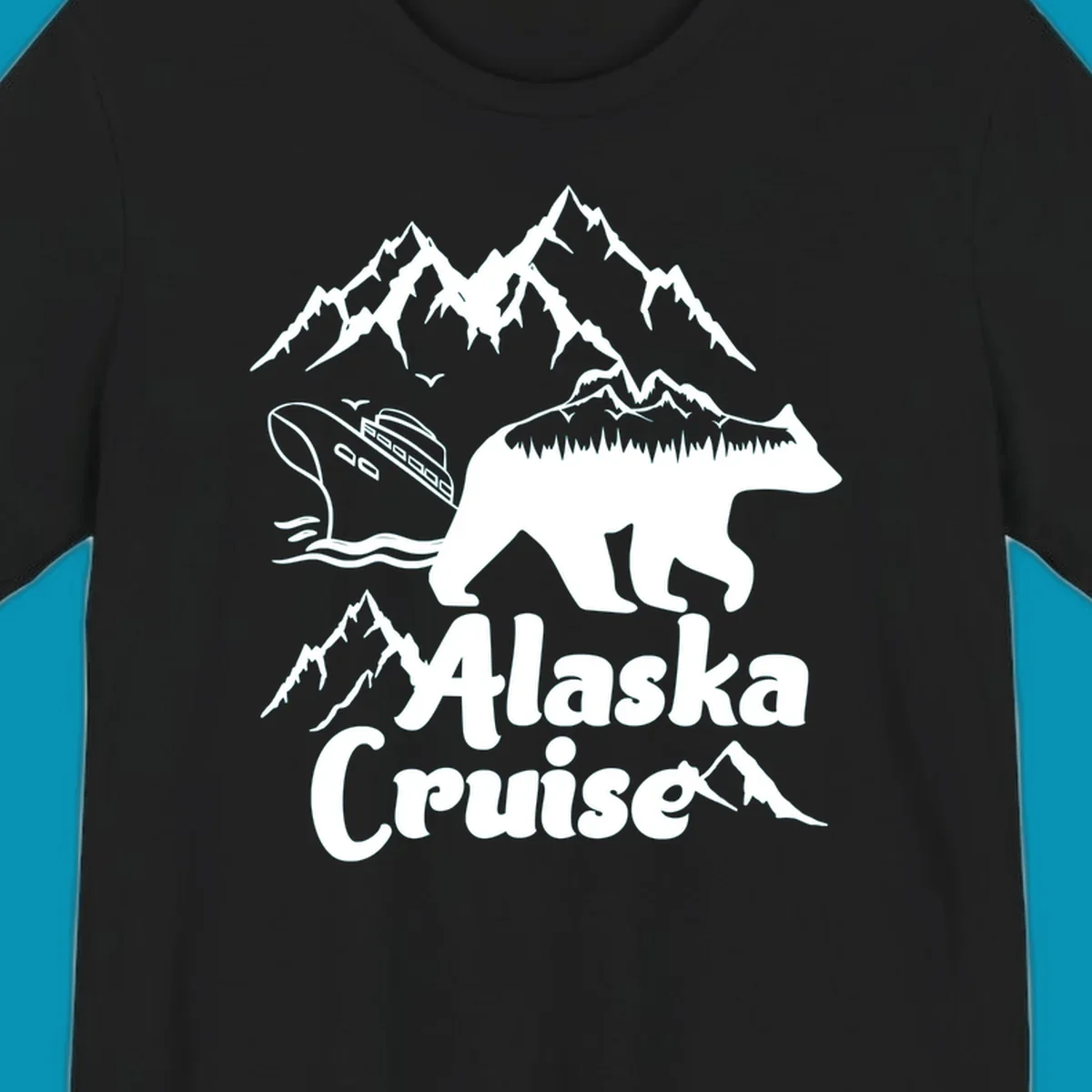 White silhouette of polar bear filled with Alaskan mountains, forest, cabin, and ship against gray background with snowy peaks and 'Alaska Cruise' text