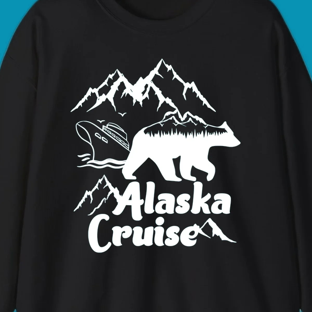 White silhouette of polar bear filled with Alaskan mountains, forest, cabin, and ship against gray background with snowy peaks and 'Alaska Cruise' text