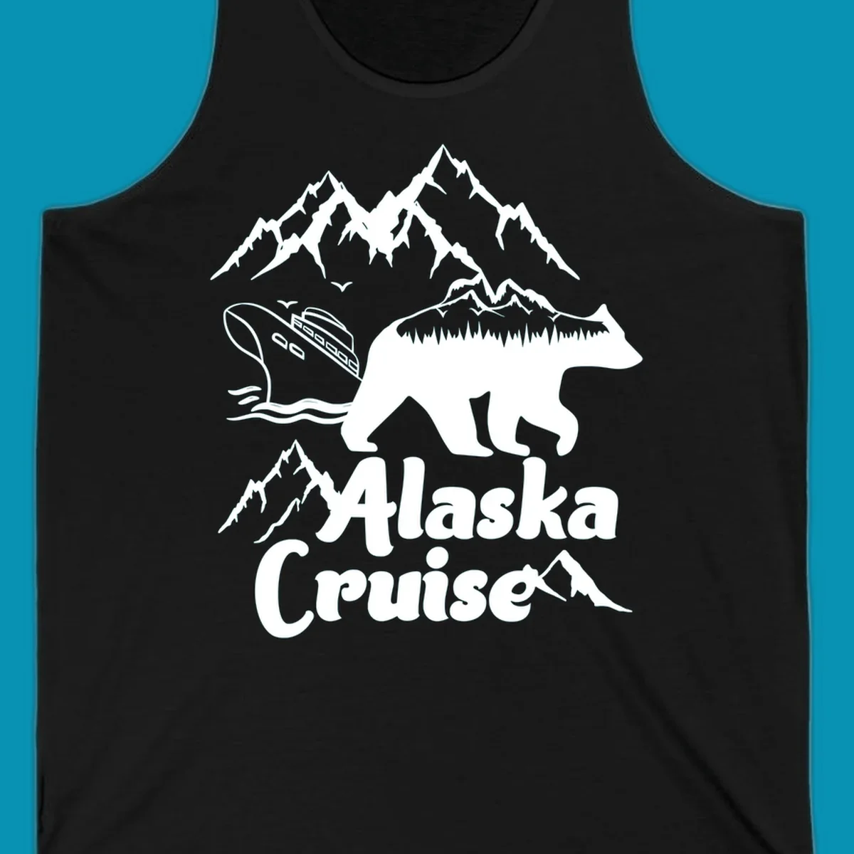 White silhouette of polar bear filled with Alaskan mountains, forest, cabin, and ship against gray background with snowy peaks and 'Alaska Cruise' text