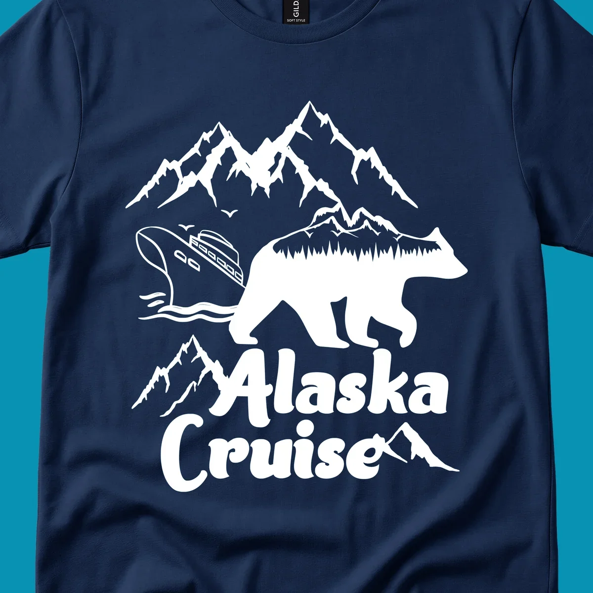 White silhouette of polar bear filled with Alaskan mountains, forest, cabin, and ship against gray background with snowy peaks and 'Alaska Cruise' text