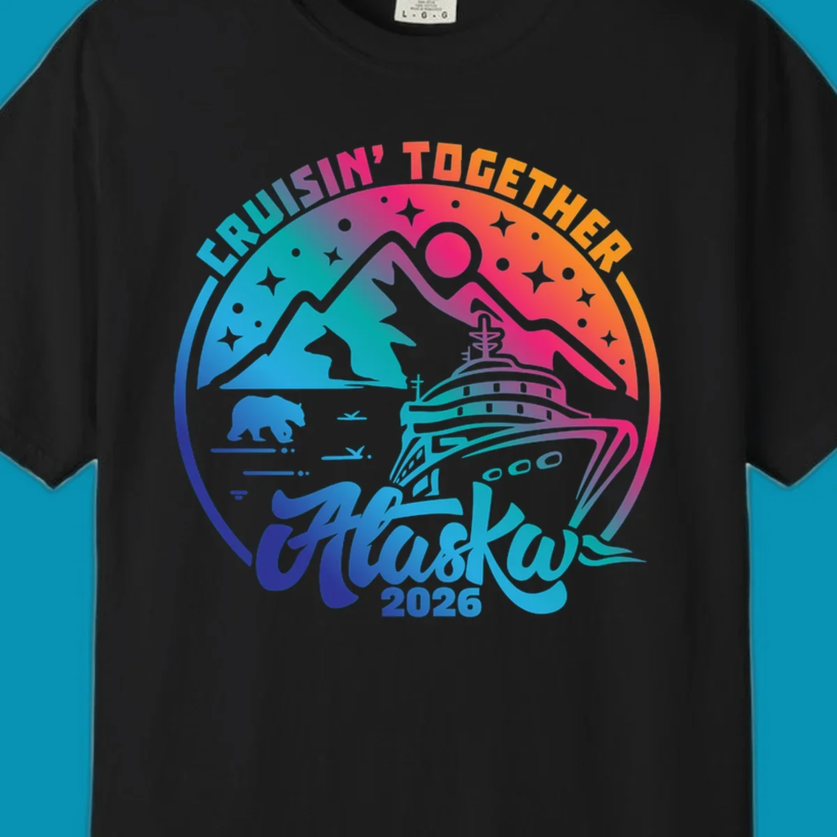 Colorful circular badge design with cruise ship, snow mountains, bear, and stars for Cruisin Together Alaska 2026 group cruise shirts