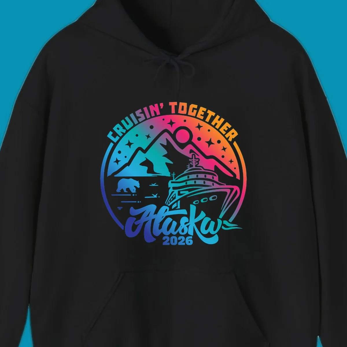 Colorful circular badge design with cruise ship, snow mountains, bear, and stars for Cruisin Together Alaska 2026 group cruise shirts