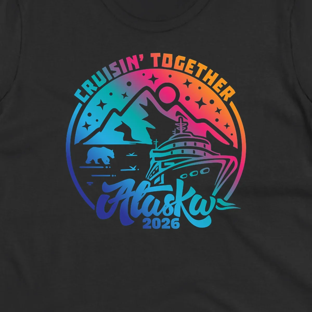 Colorful circular badge design with cruise ship, snow mountains, bear, and stars for Cruisin Together Alaska 2026 group cruise shirts