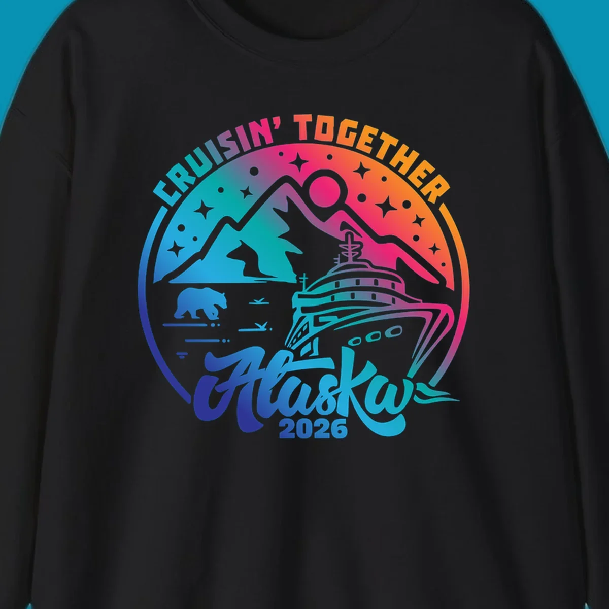 Colorful circular badge design with cruise ship, snow mountains, bear, and stars for Cruisin Together Alaska 2026 group cruise shirts