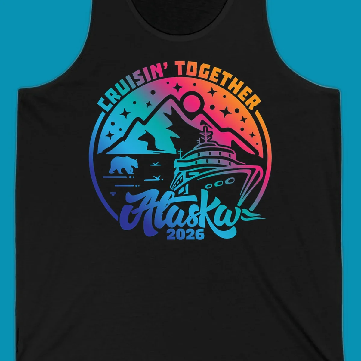 Colorful circular badge design with cruise ship, snow mountains, bear, and stars for Cruisin Together Alaska 2026 group cruise shirts