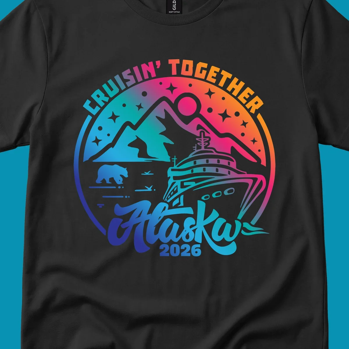 Colorful circular badge design with cruise ship, snow mountains, bear, and stars for Cruisin Together Alaska 2026 group cruise shirts