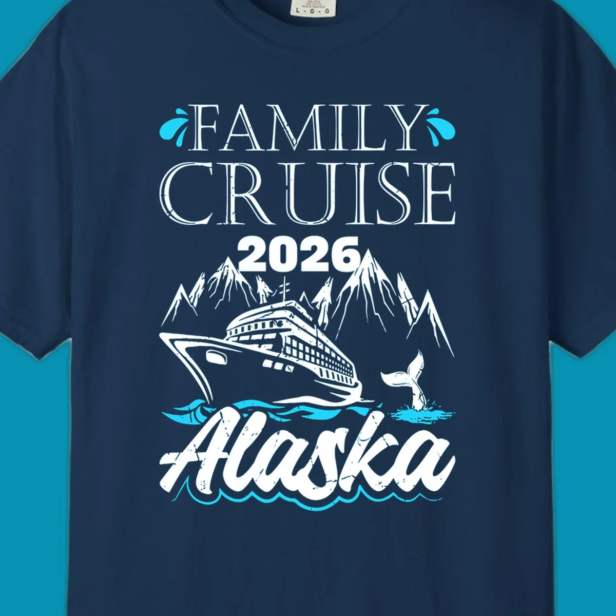 Bright cyan and turquoise illustration of ocean waves, swimming fish, and water splashes framing top and bottom borders—Alaska ocean waves nautical design