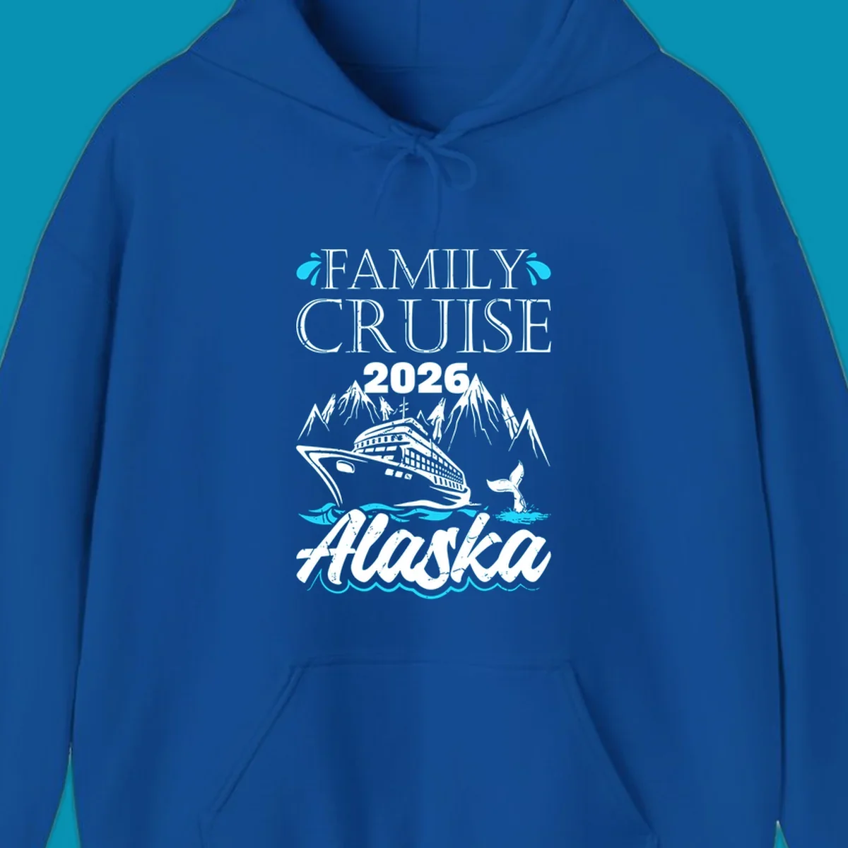 Bright cyan and turquoise illustration of ocean waves, swimming fish, and water splashes framing top and bottom borders—Alaska ocean waves nautical design