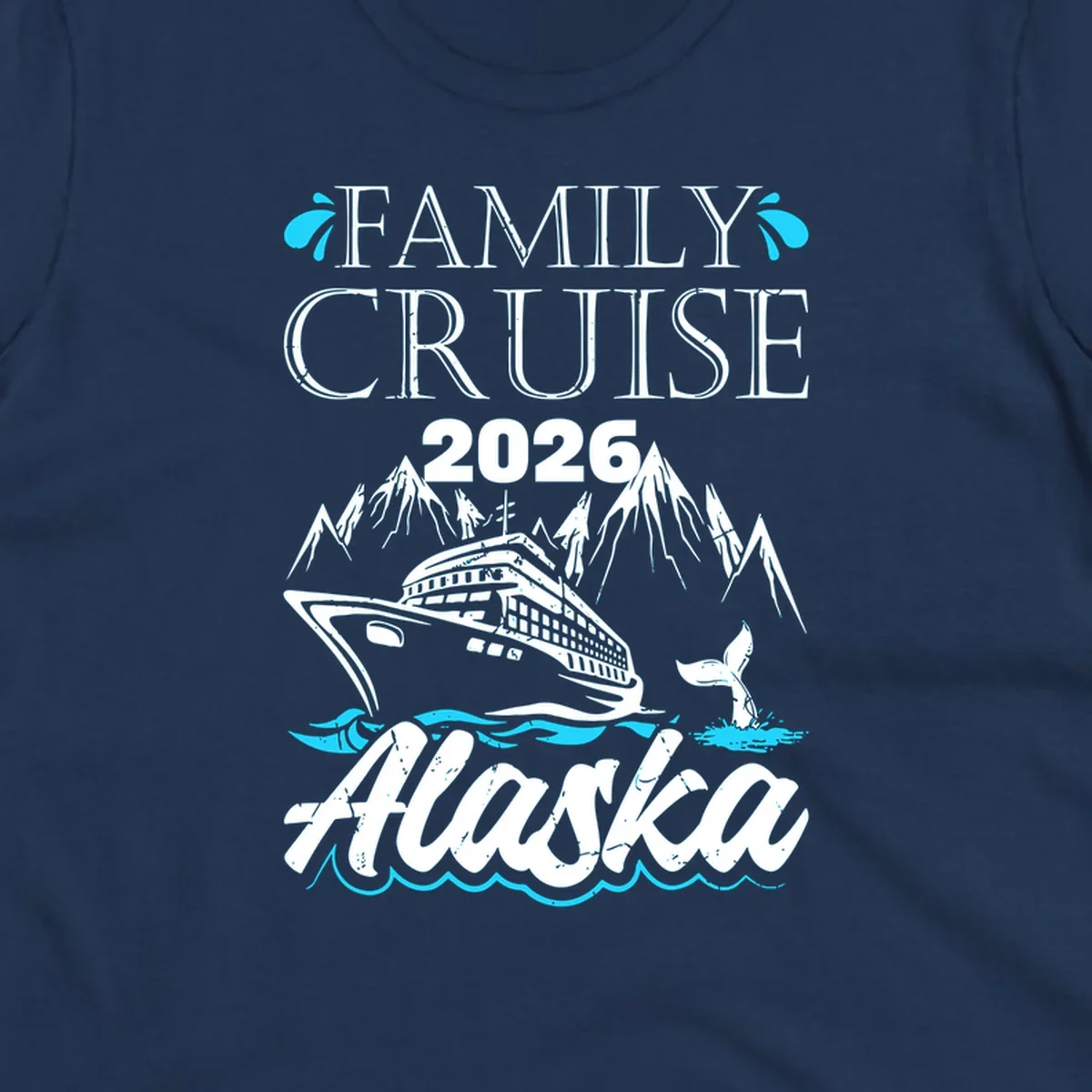 Bright cyan and turquoise illustration of ocean waves, swimming fish, and water splashes framing top and bottom borders—Alaska ocean waves nautical design