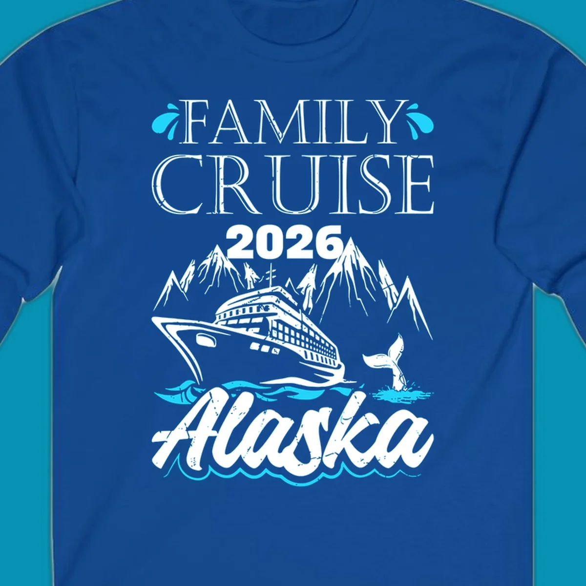 Bright cyan and turquoise illustration of ocean waves, swimming fish, and water splashes framing top and bottom borders—Alaska ocean waves nautical design