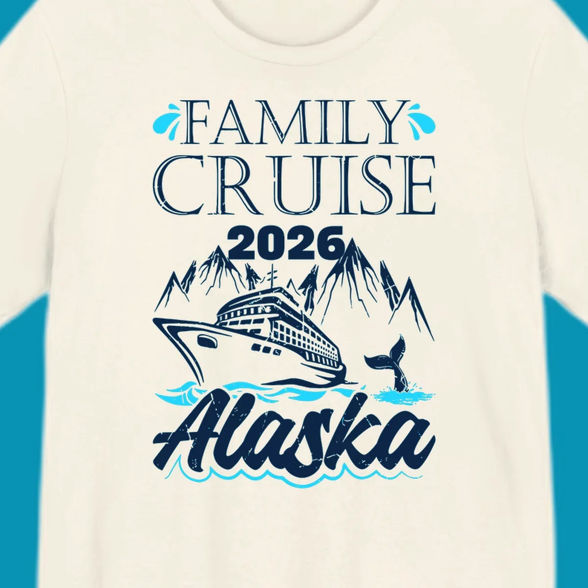 Bright cyan and turquoise illustration of ocean waves, swimming fish, and water splashes framing top and bottom borders—Alaska ocean waves nautical design