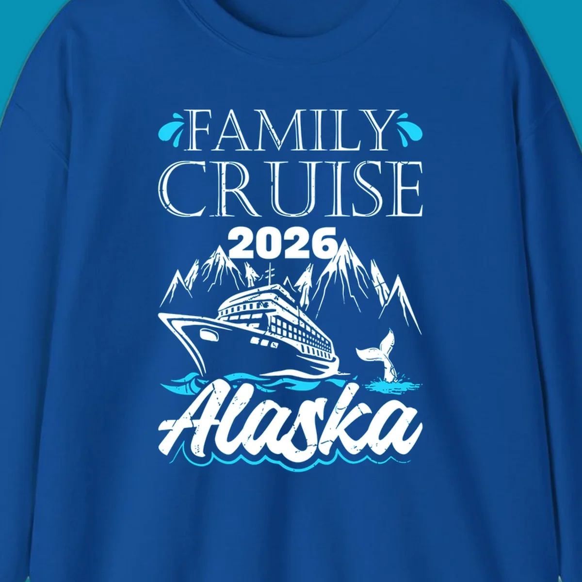 Bright cyan and turquoise illustration of ocean waves, swimming fish, and water splashes framing top and bottom borders—Alaska ocean waves nautical design