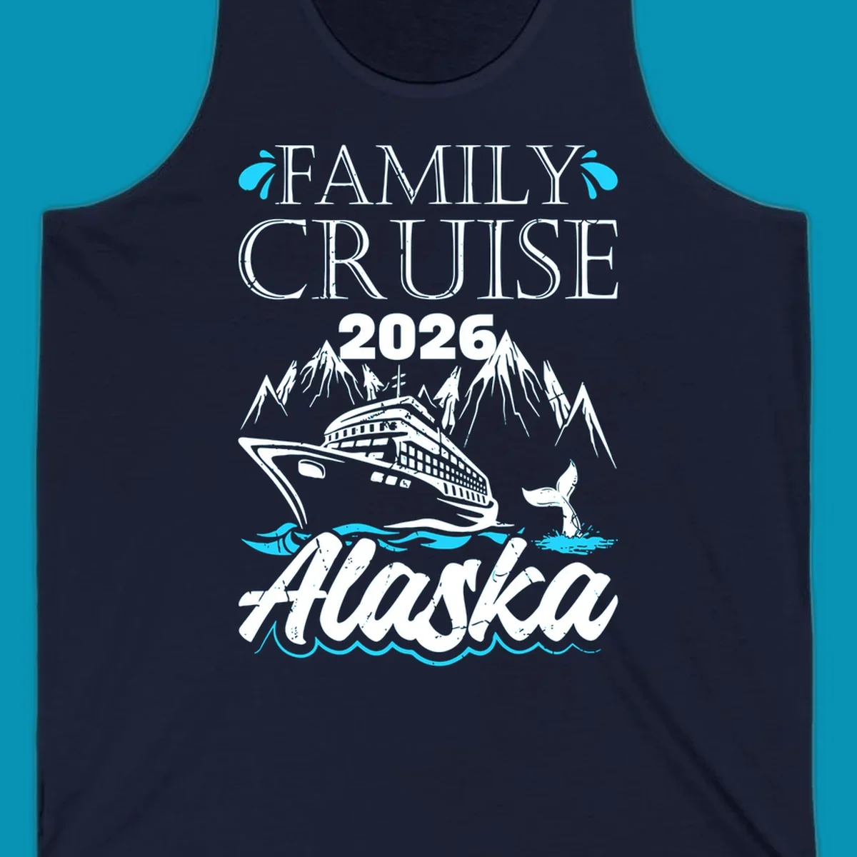Bright cyan and turquoise illustration of ocean waves, swimming fish, and water splashes framing top and bottom borders—Alaska ocean waves nautical design