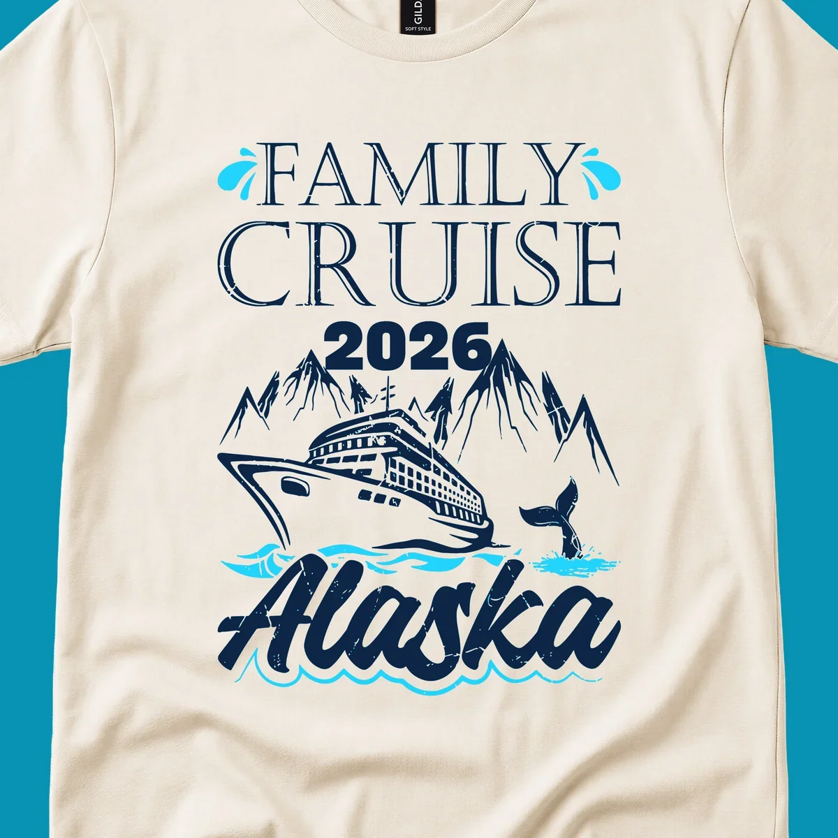 Bright cyan and turquoise illustration of ocean waves, swimming fish, and water splashes framing top and bottom borders—Alaska ocean waves nautical design