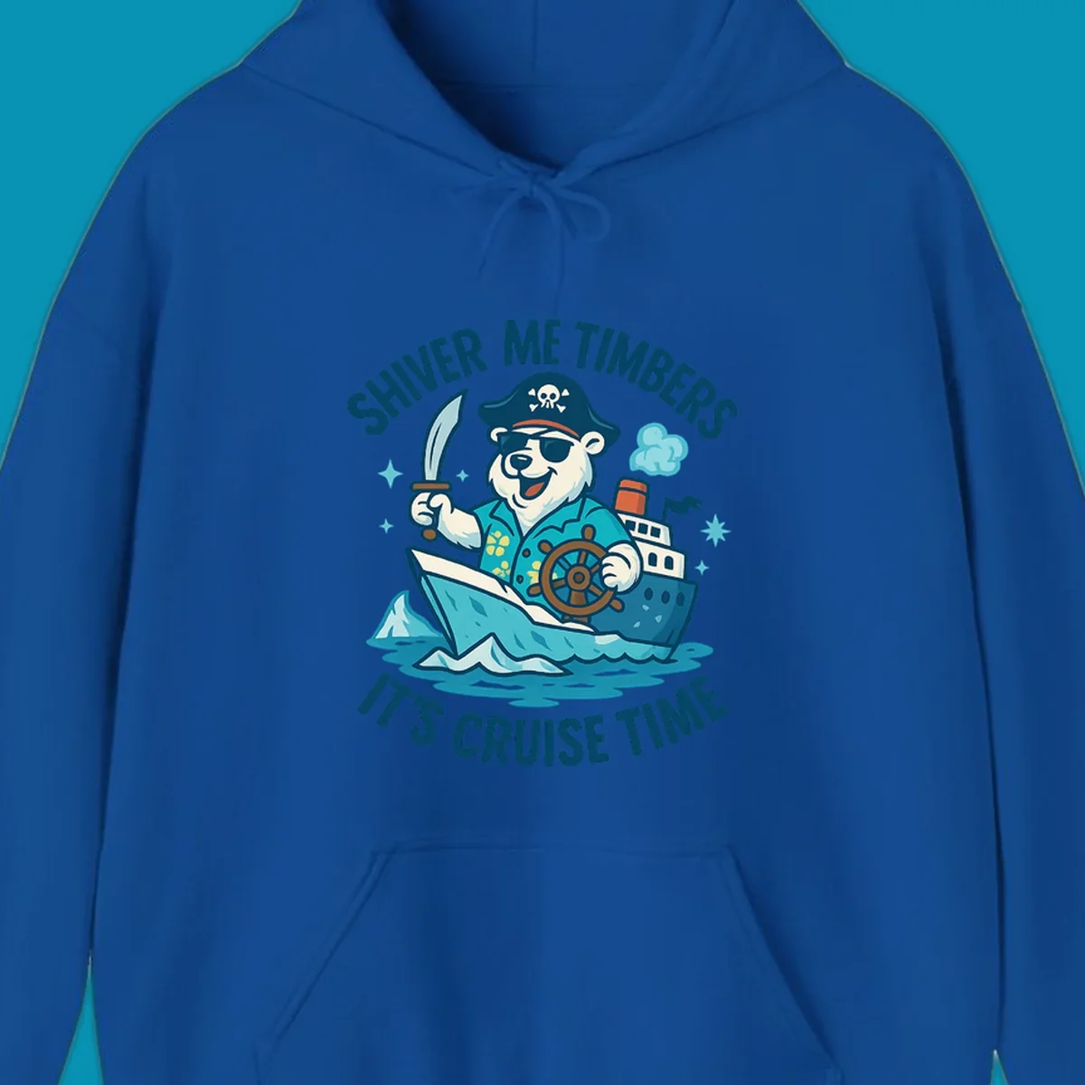 Cheerful pirate bear captain with eye patch and sword aboard a cruise ship in icy waters, text reads 'Shiver Me Timbers It's Cruise Time'
