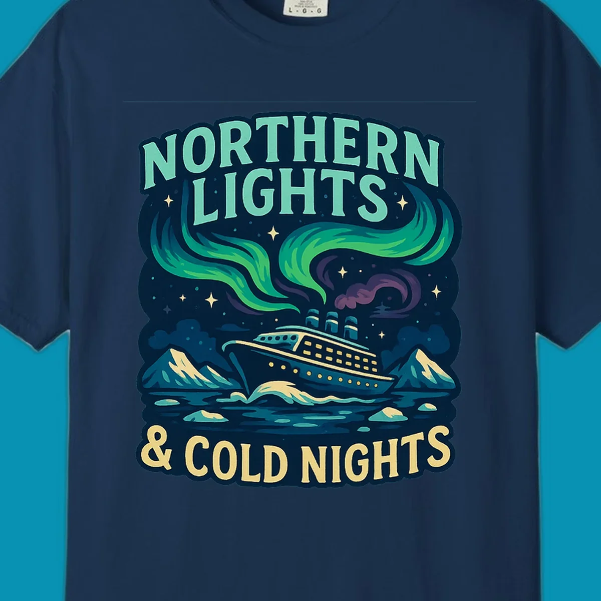 Northern lights cruise ship design featuring aurora borealis above a sailing vessel with mountains and icebergs