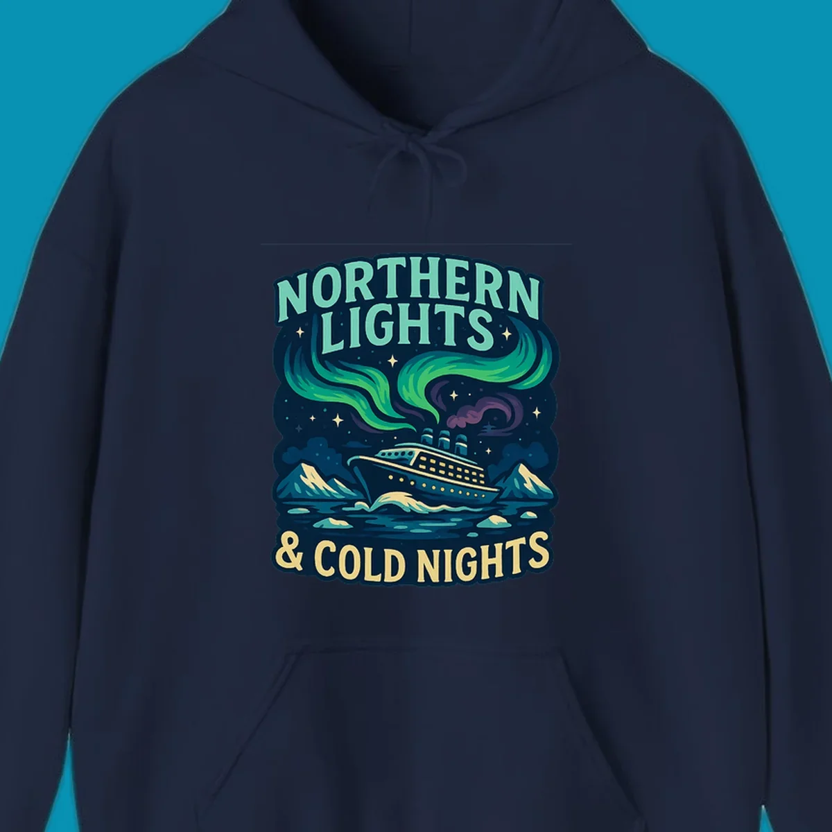 Northern lights cruise ship design featuring aurora borealis above a sailing vessel with mountains and icebergs