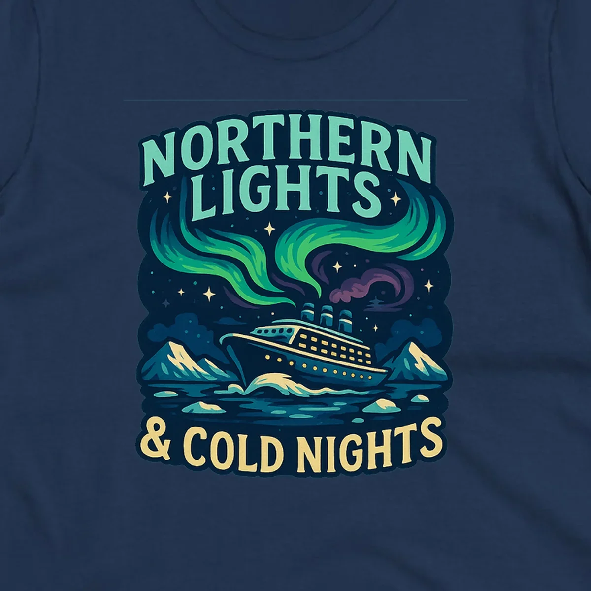 Northern lights cruise ship design featuring aurora borealis above a sailing vessel with mountains and icebergs
