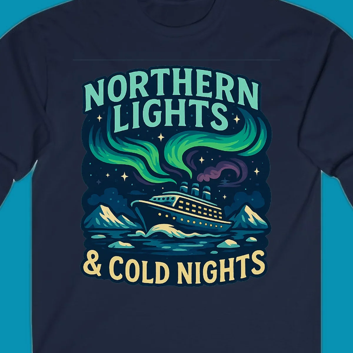 Northern lights cruise ship design featuring aurora borealis above a sailing vessel with mountains and icebergs