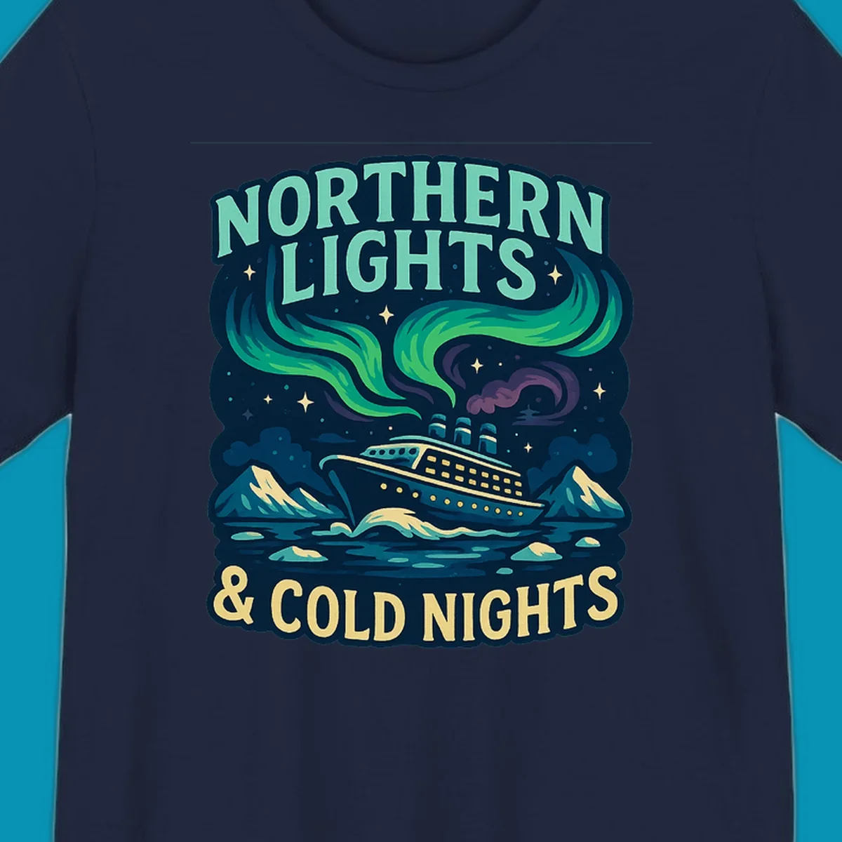 Northern lights cruise ship design featuring aurora borealis above a sailing vessel with mountains and icebergs