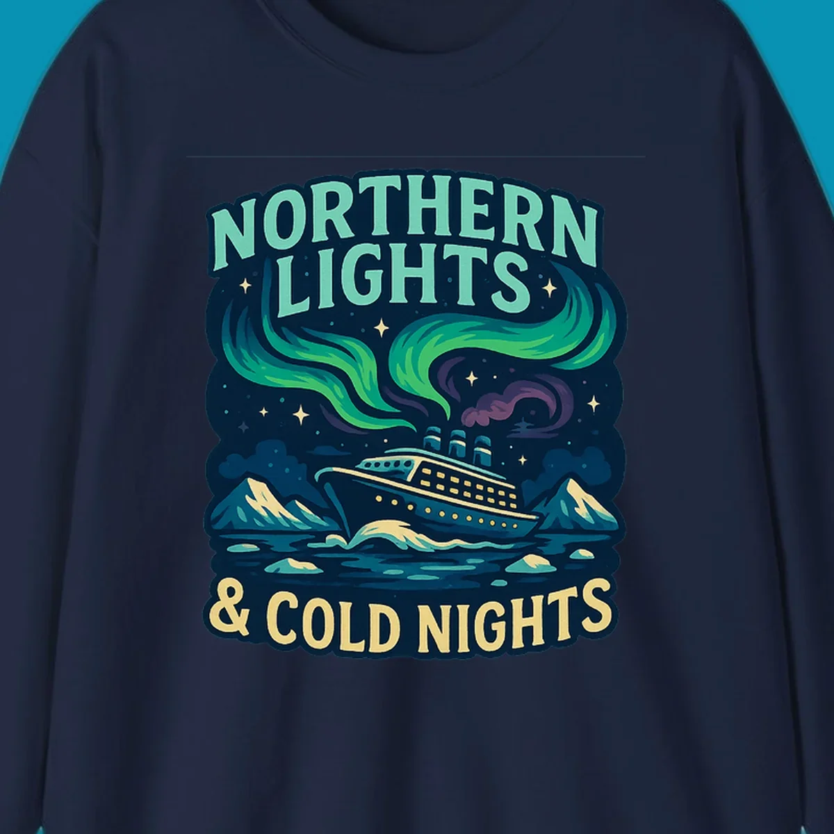Northern lights cruise ship design featuring aurora borealis above a sailing vessel with mountains and icebergs