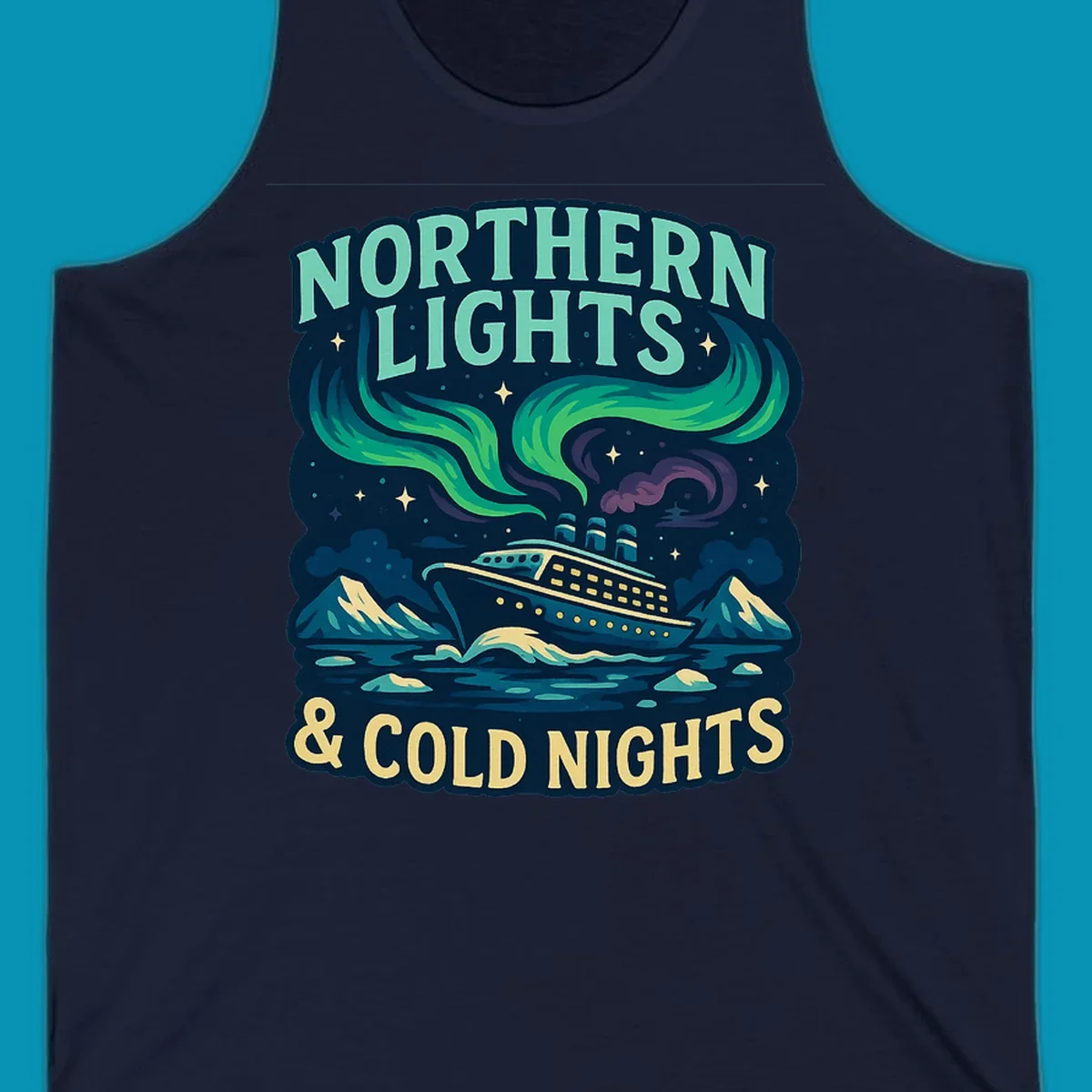 Northern lights cruise ship design featuring aurora borealis above a sailing vessel with mountains and icebergs