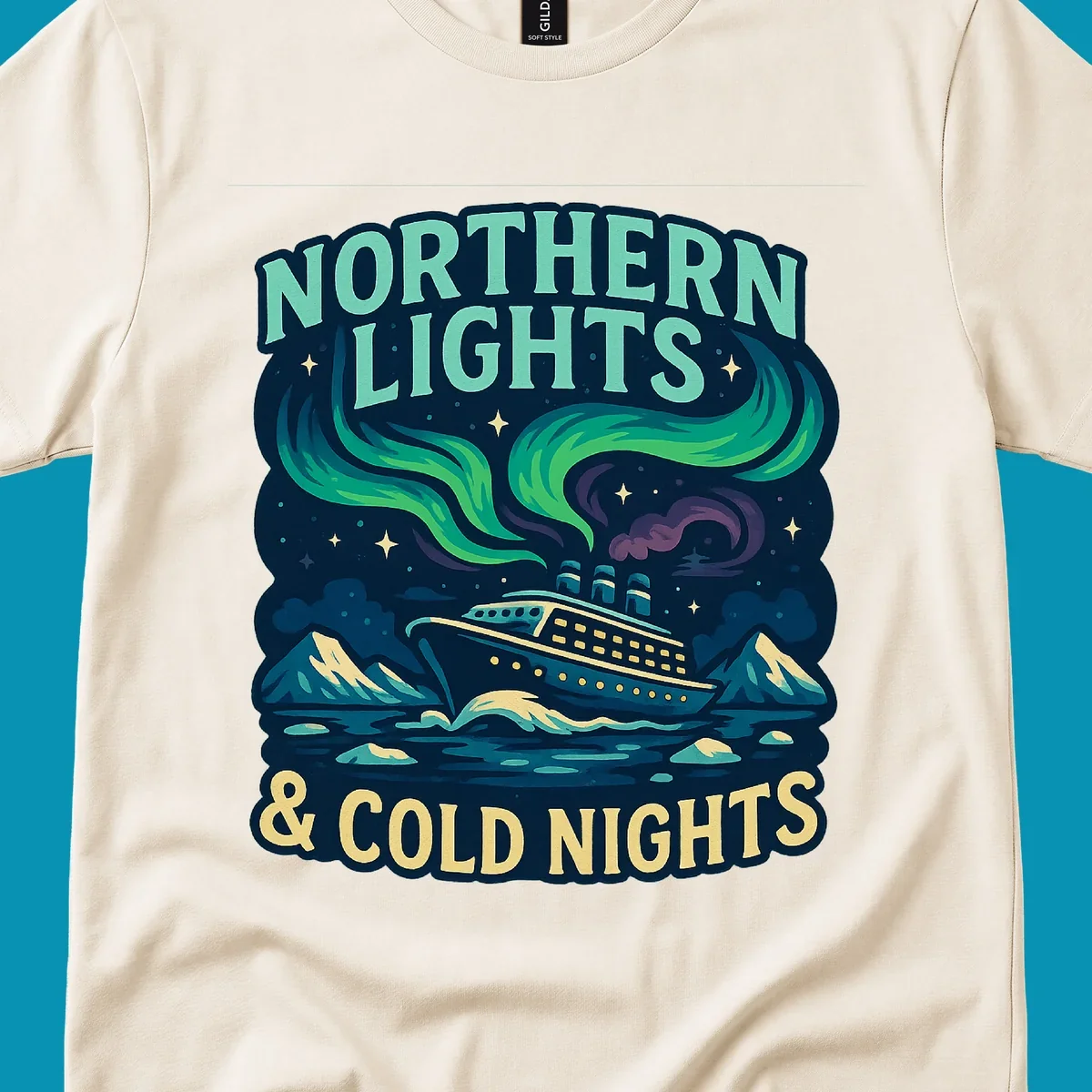 Northern lights cruise ship design featuring aurora borealis above a sailing vessel with mountains and icebergs