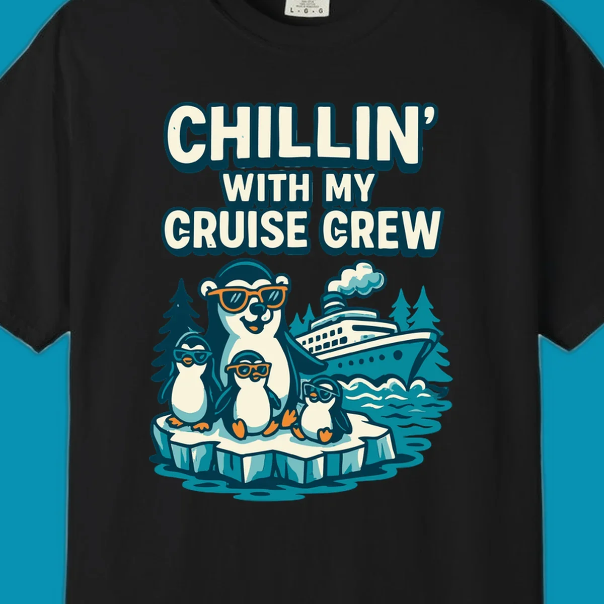 Illustration of four penguins in sunglasses on ice with cruise ship and 'Chillin' With My Cruise Crew' text, Alaska-themed design