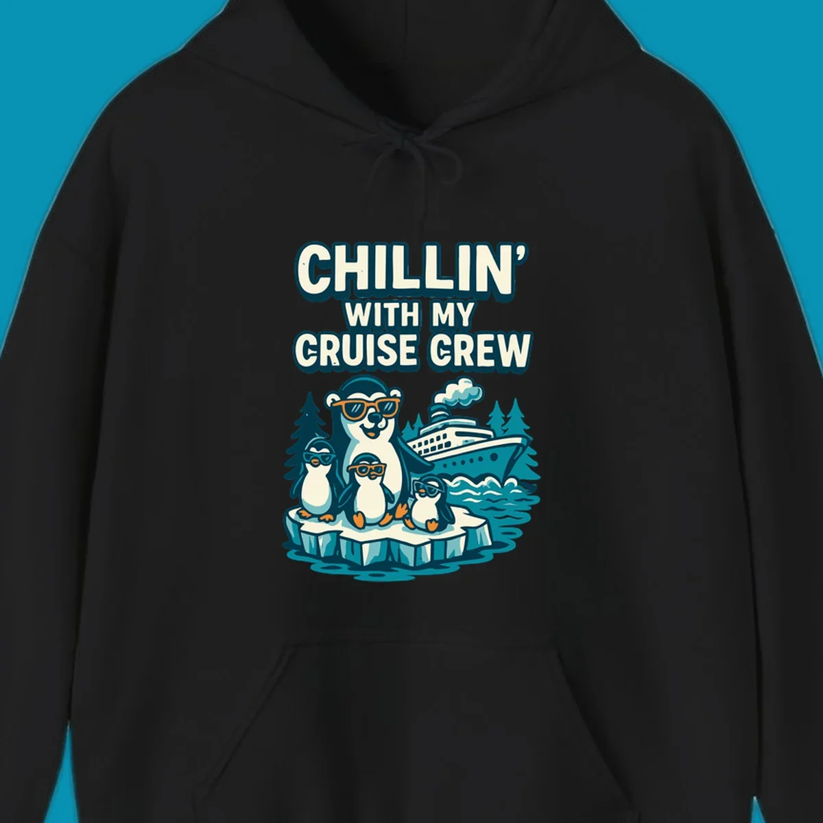 Illustration of four penguins in sunglasses on ice with cruise ship and 'Chillin' With My Cruise Crew' text, Alaska-themed design