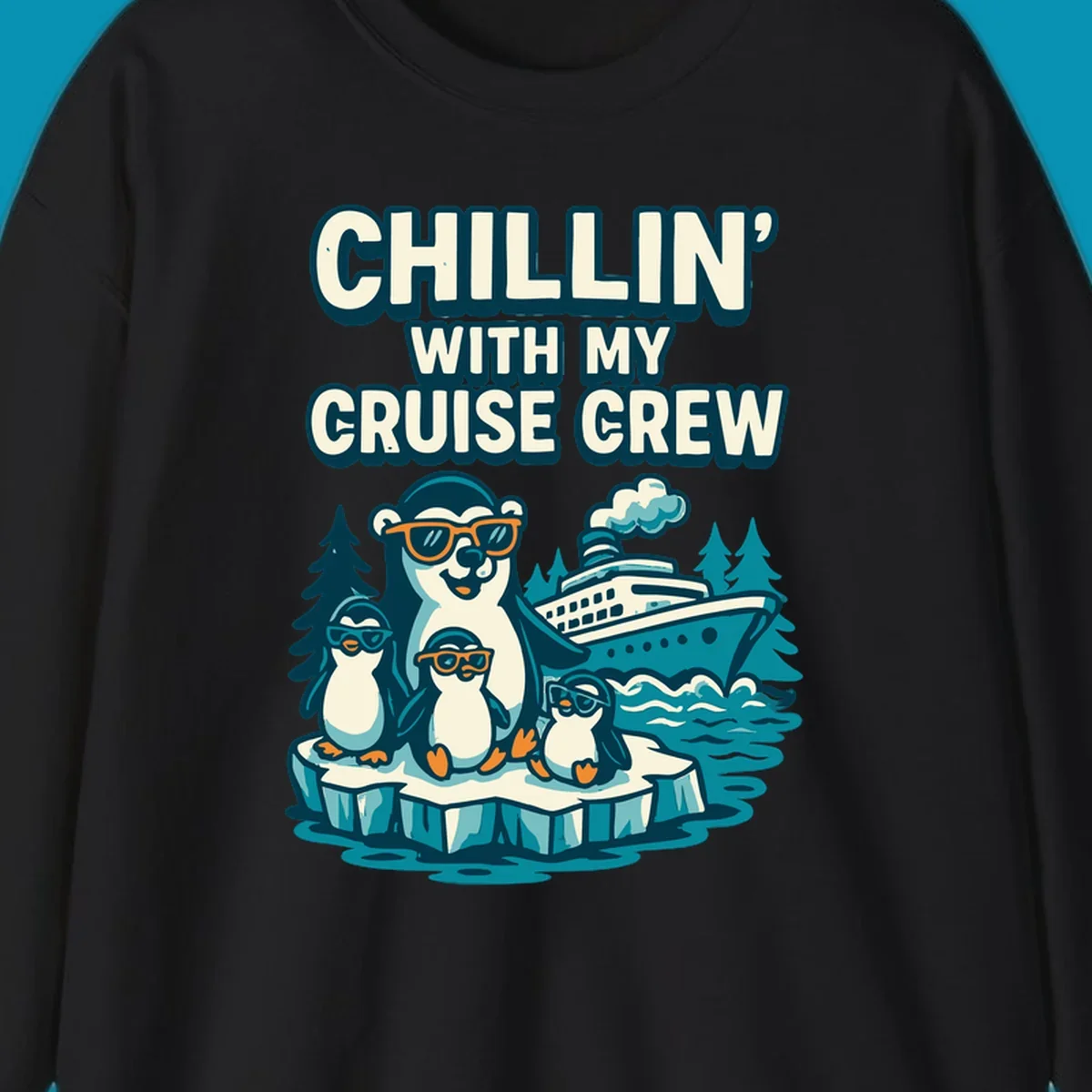 Illustration of four penguins in sunglasses on ice with cruise ship and 'Chillin' With My Cruise Crew' text, Alaska-themed design
