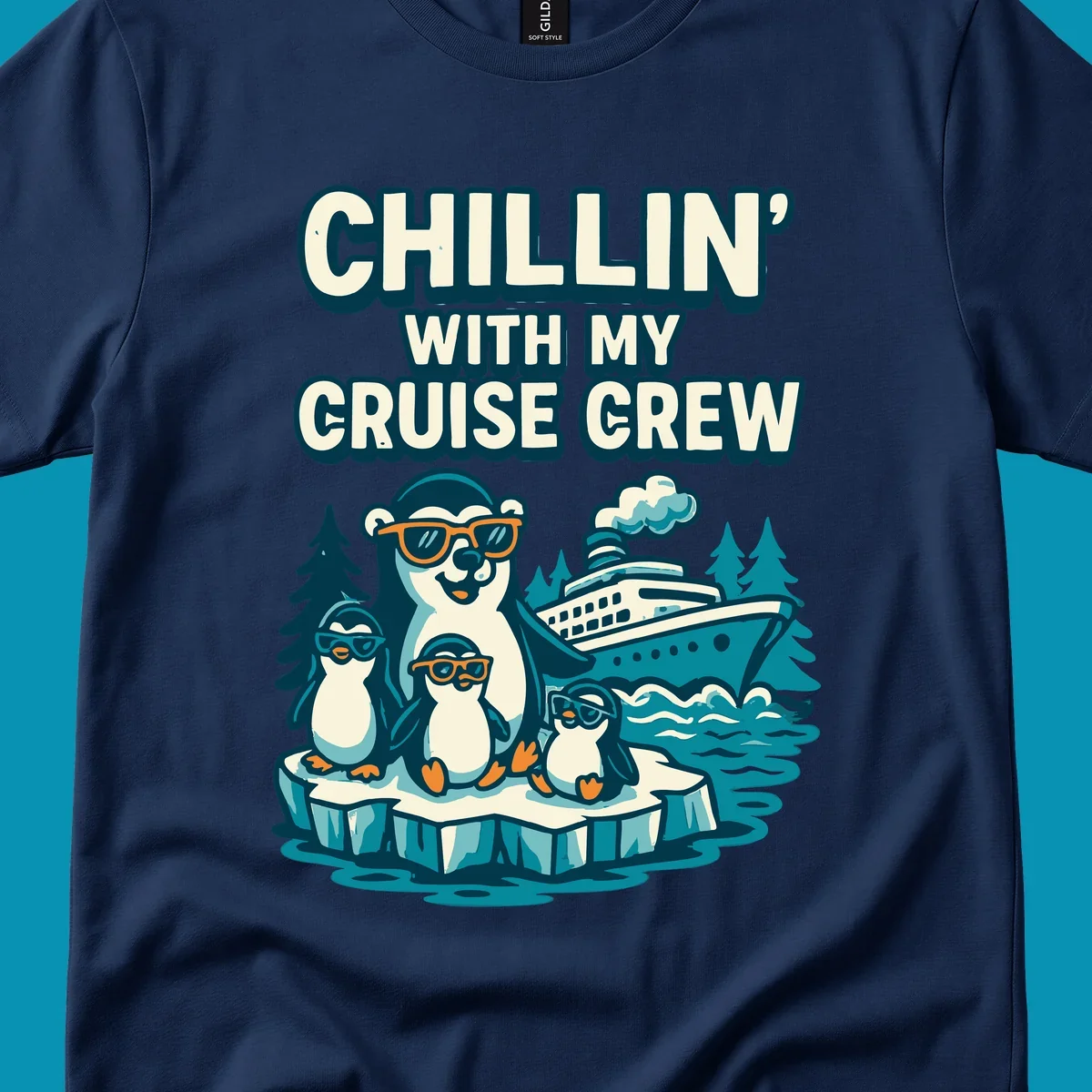 Illustration of four penguins in sunglasses on ice with cruise ship and 'Chillin' With My Cruise Crew' text, Alaska-themed design
