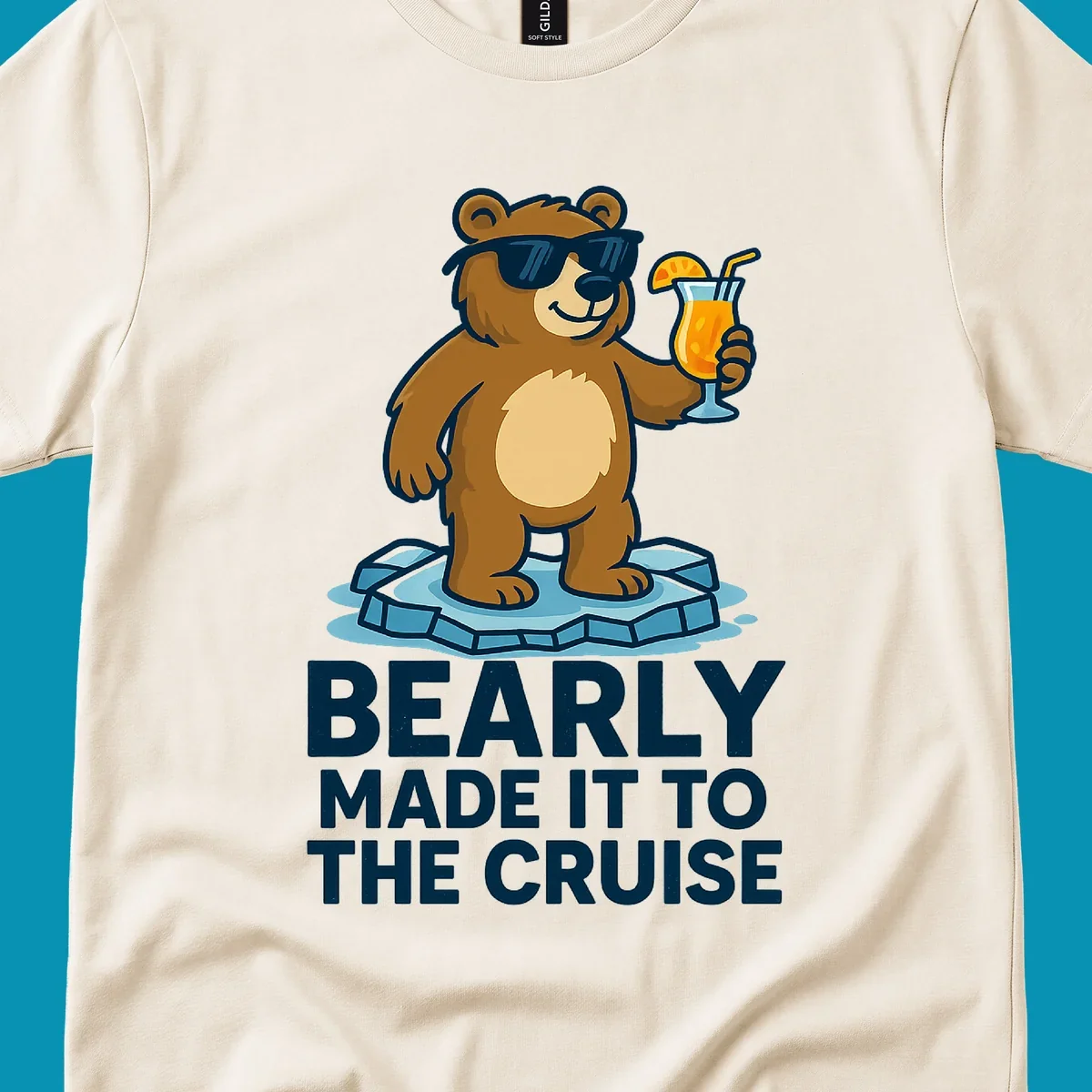 Cartoon bear wearing sunglasses on ice floe holding tropical drink with bearly made it to the cruise text