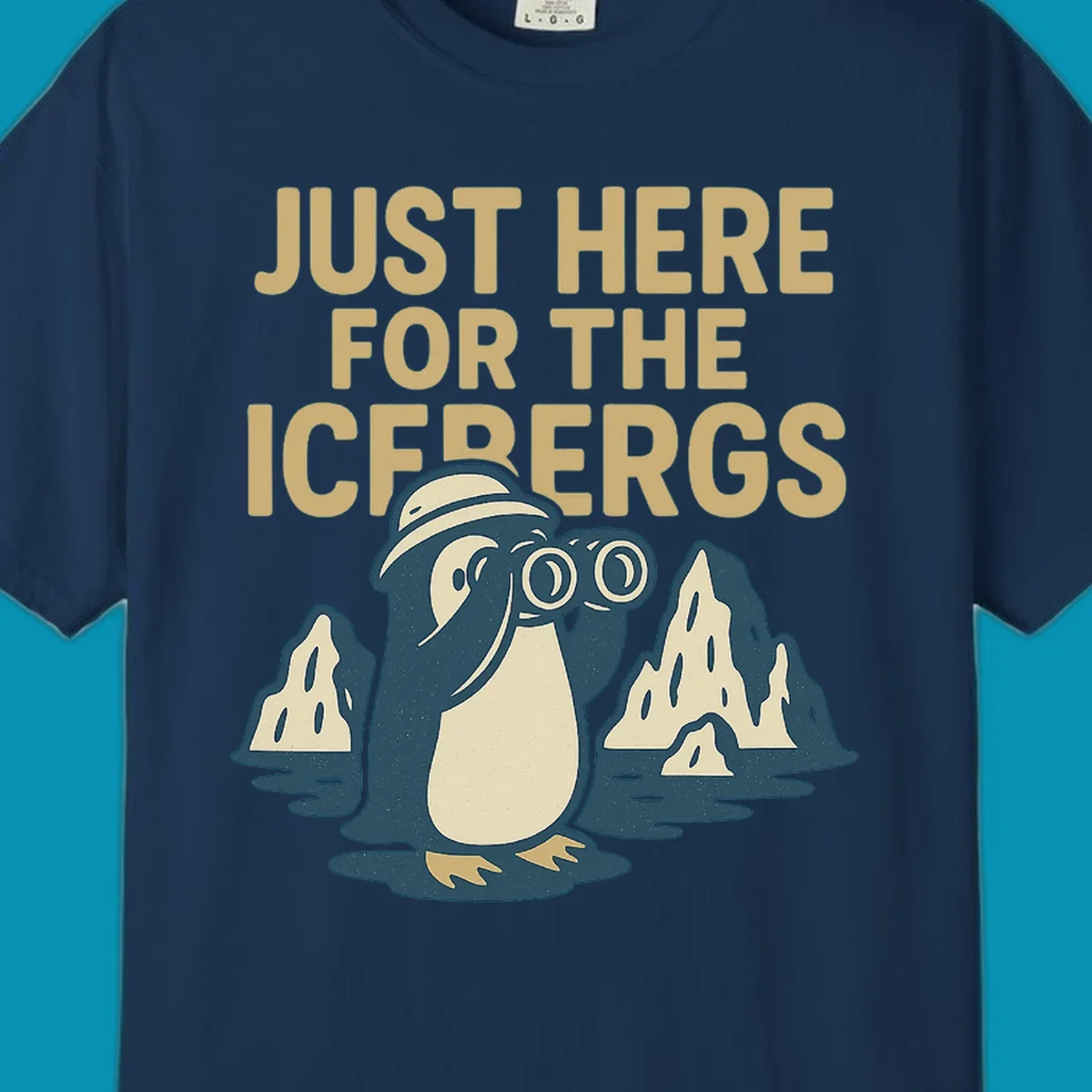 Vintage-style penguin explorer with binoculars among icebergs and 'Just Here For The Icebergs' text, Alaska cruise design