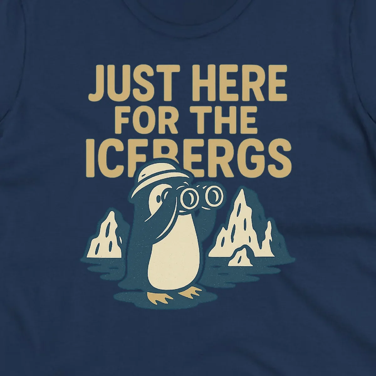 Vintage-style penguin explorer with binoculars among icebergs and 'Just Here For The Icebergs' text, Alaska cruise design