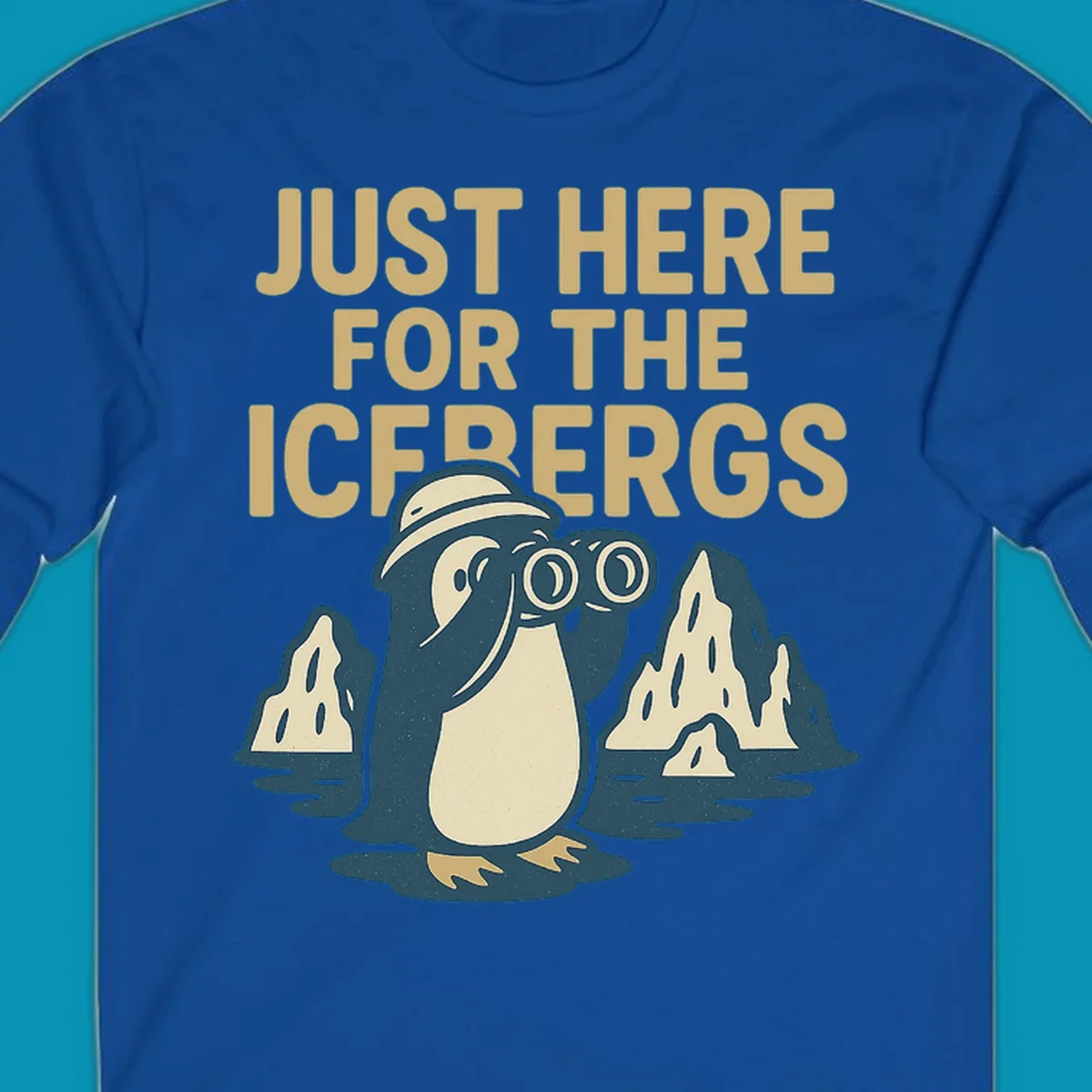 Vintage-style penguin explorer with binoculars among icebergs and 'Just Here For The Icebergs' text, Alaska cruise design