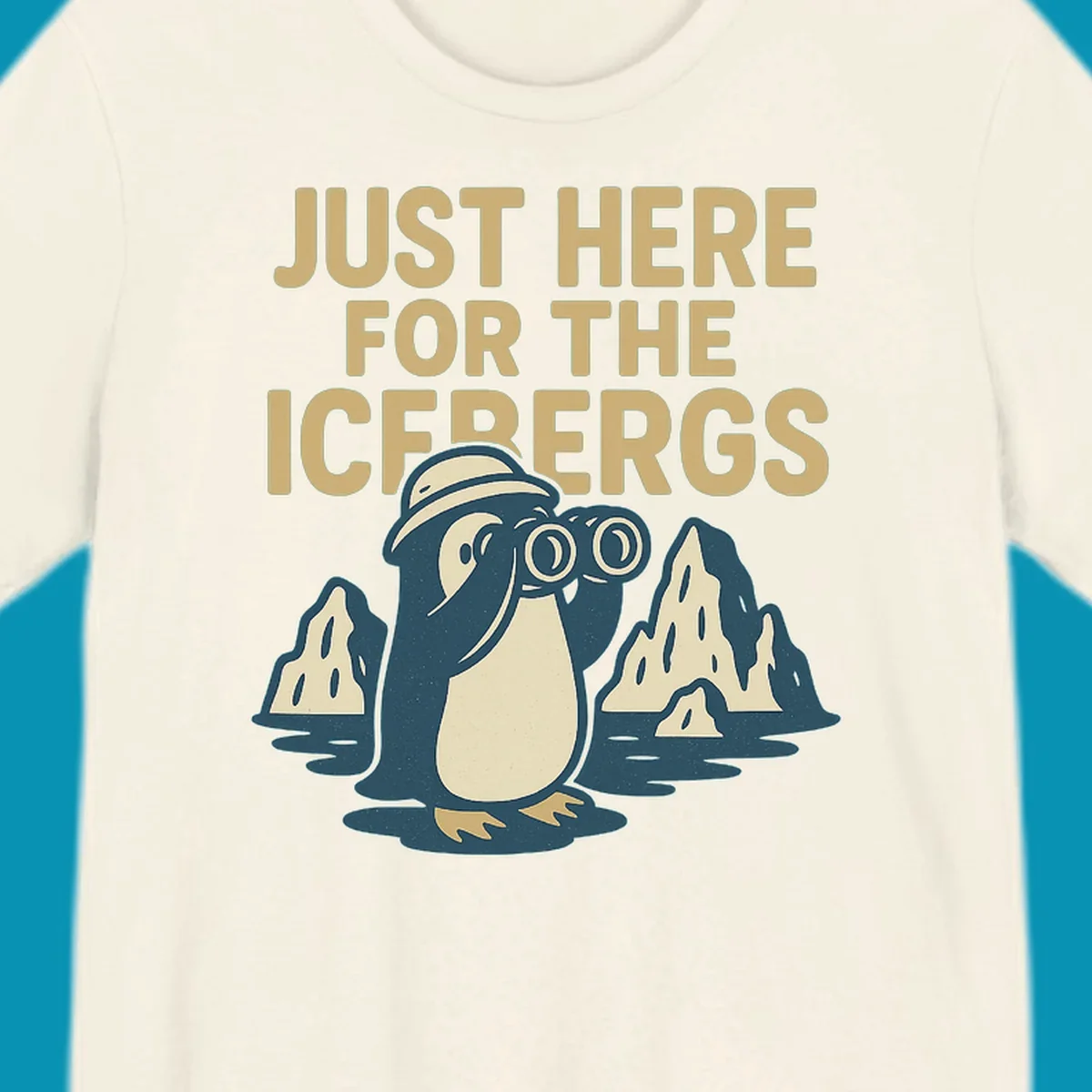 Vintage-style penguin explorer with binoculars among icebergs and 'Just Here For The Icebergs' text, Alaska cruise design