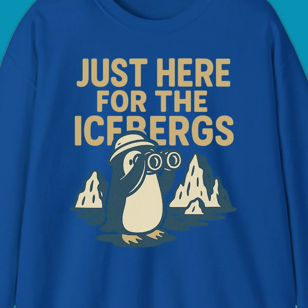 Vintage-style penguin explorer with binoculars among icebergs and 'Just Here For The Icebergs' text, Alaska cruise design