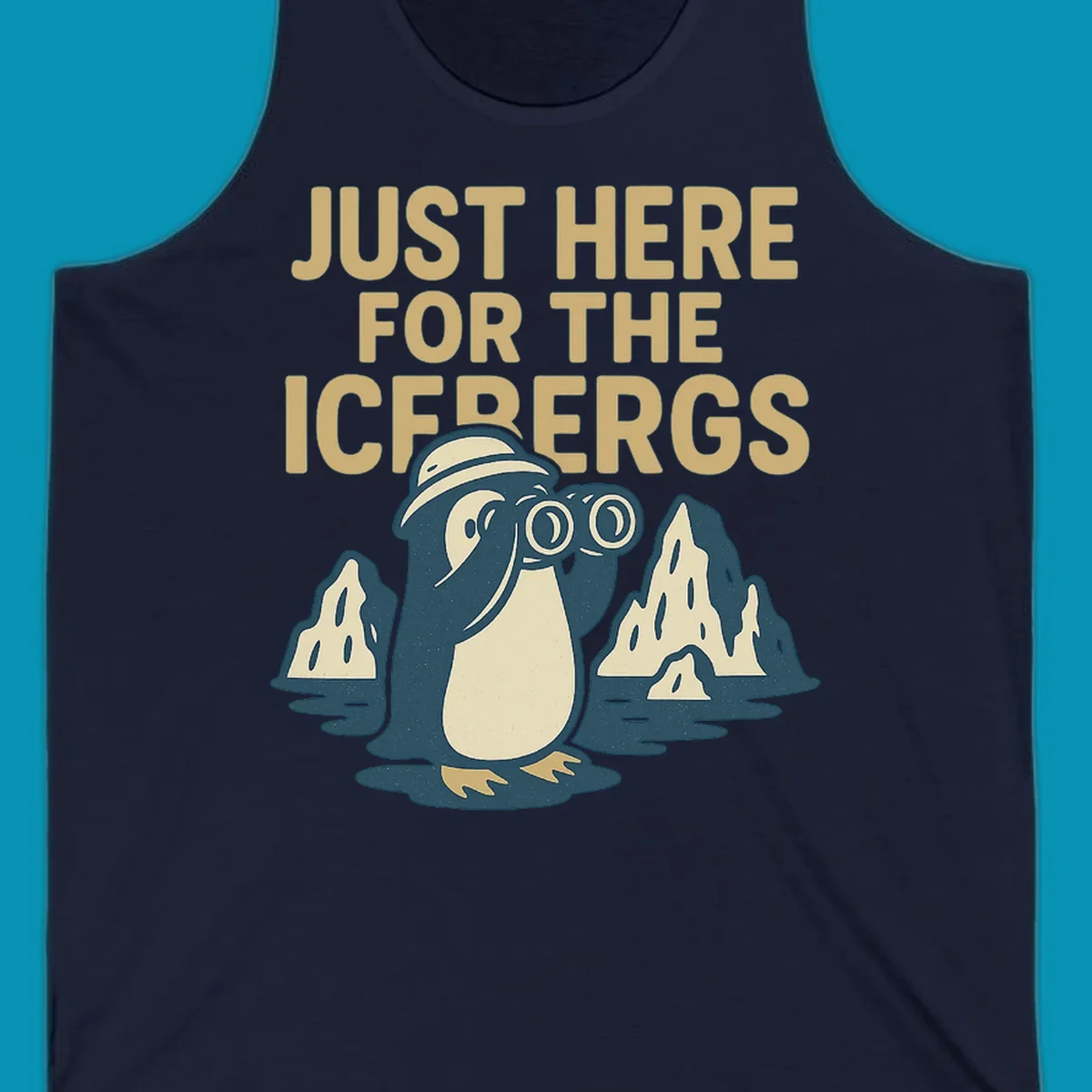 Vintage-style penguin explorer with binoculars among icebergs and 'Just Here For The Icebergs' text, Alaska cruise design