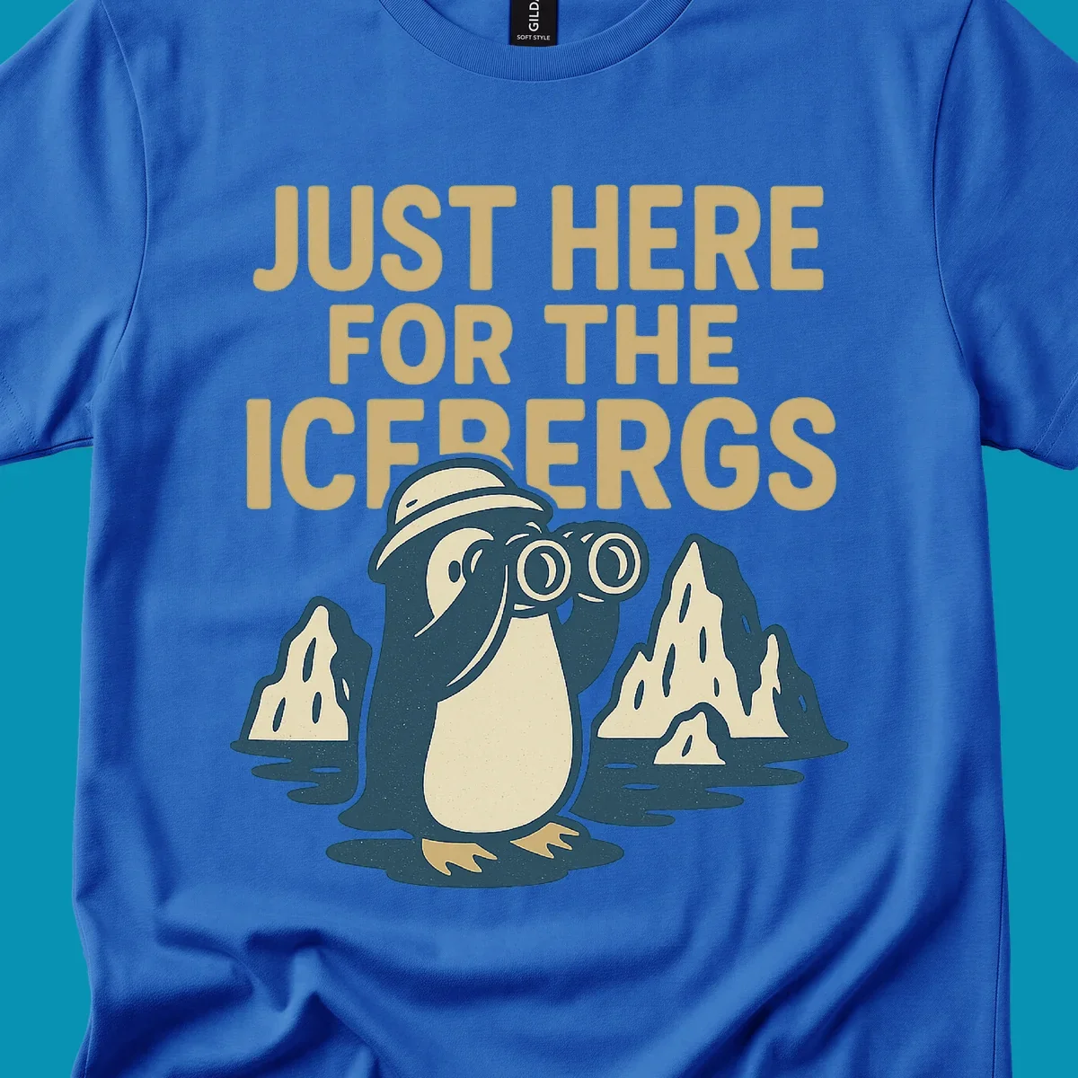 Vintage-style penguin explorer with binoculars among icebergs and 'Just Here For The Icebergs' text, Alaska cruise design