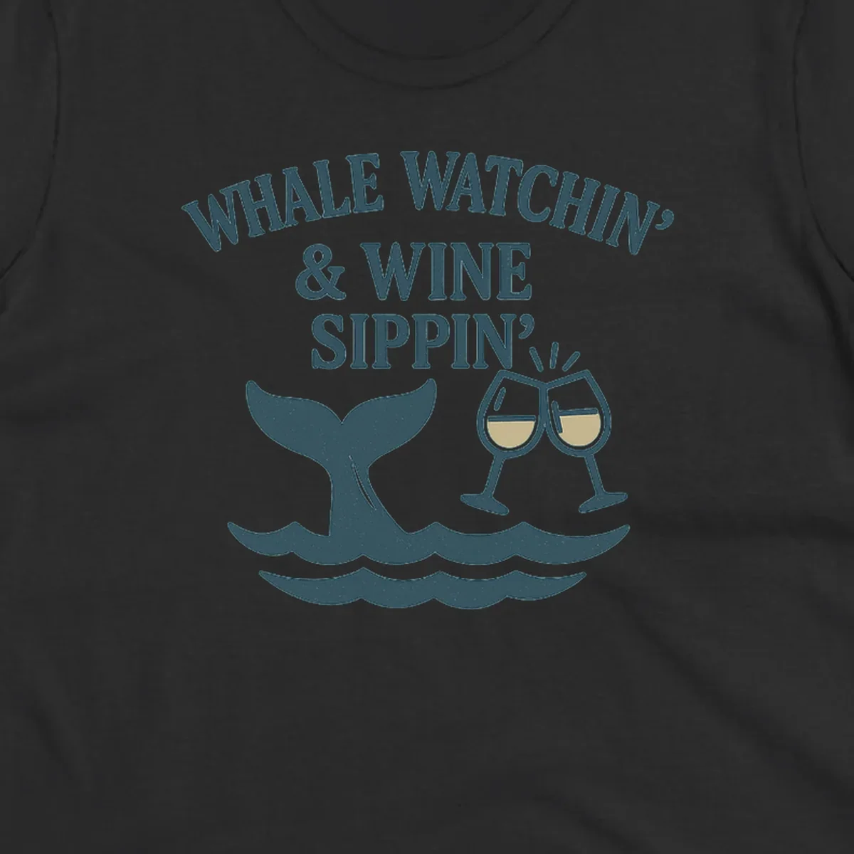 Whale tail and wine glasses illustration with text 'Whale Watchin' & Wine Sippin' for Alaska cruise shirts