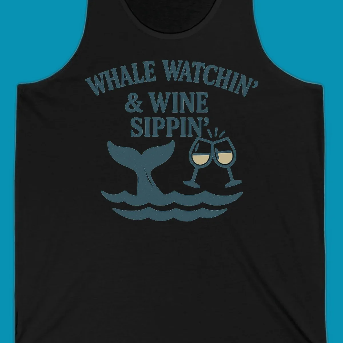 Whale tail and wine glasses illustration with text 'Whale Watchin' & Wine Sippin' for Alaska cruise shirts